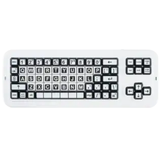 A keyboard with high contrast black and white keys which are 40% larger than a regular keyboard.