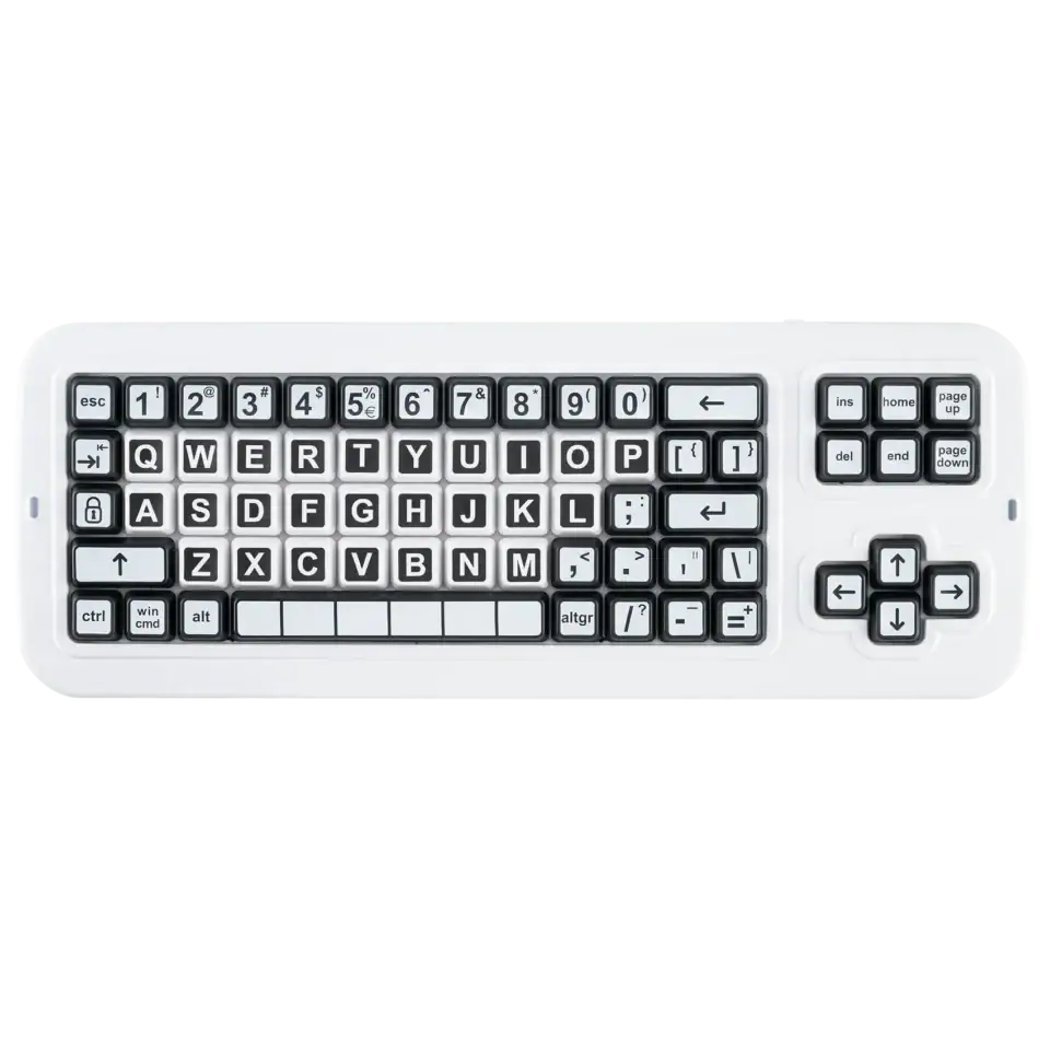 A keyboard with high contrast black and white keys which are 40% larger than a regular keyboard.