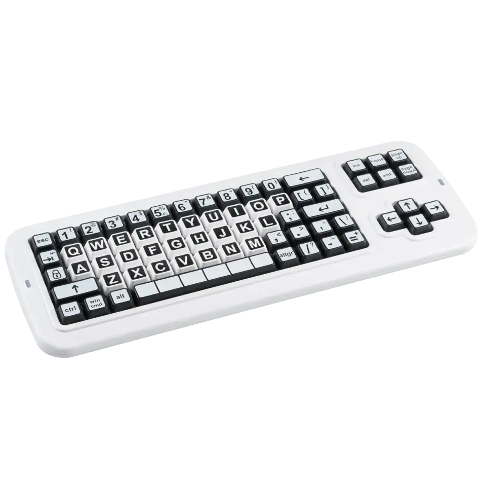 A keyboard with high contrast black and white keys which are 40% larger than a regular keyboard.