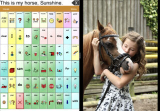A screenshot of the AAC app TouchChat HD with WordPower including a split screen with a photo of a girl standing next to a horse.