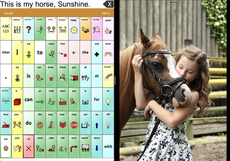 A screenshot of the AAC app TouchChat HD with WordPower including a split screen with a photo of a girl standing next to a horse.